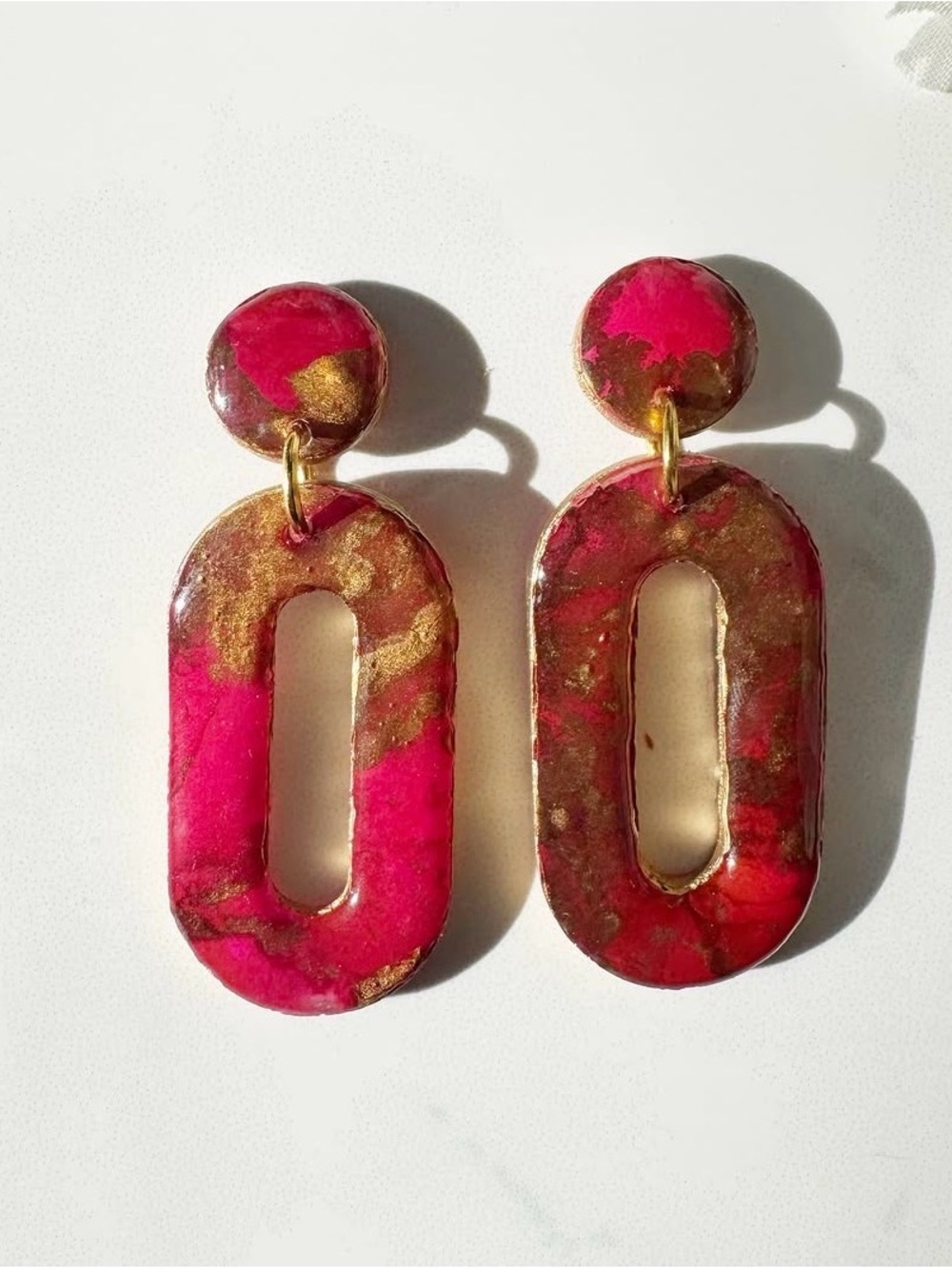 Handmade Translucent Pink and Gold Oval Drop Earrings